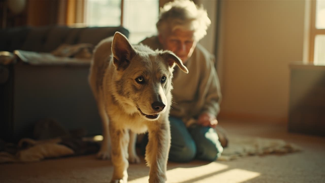 Perro mayor con los ojos nublados caminando tranquilo por casa