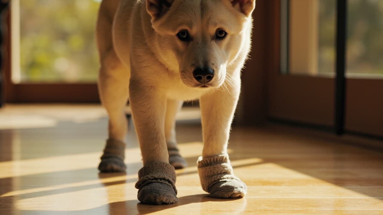 Patas de un perro mayor sobre un suelo de madera