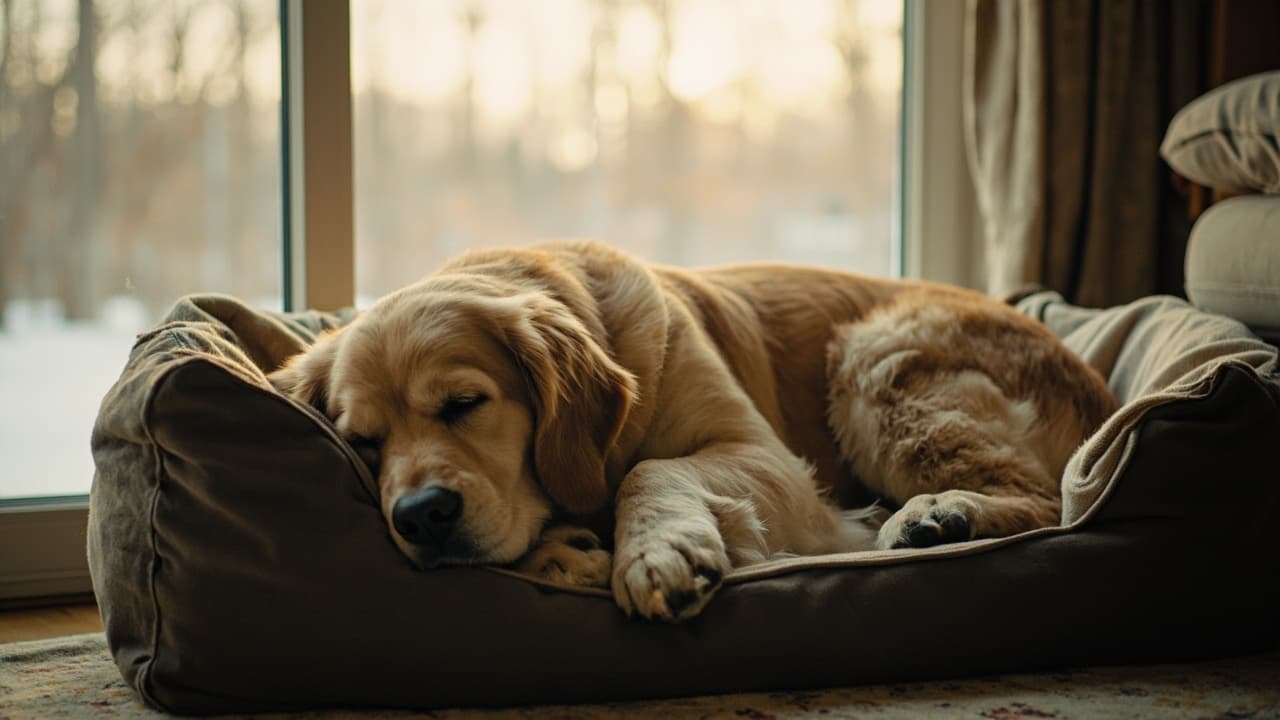 Perro mayor durmiendo en una cama gruesa y acolchada junto a una ventana en invierno