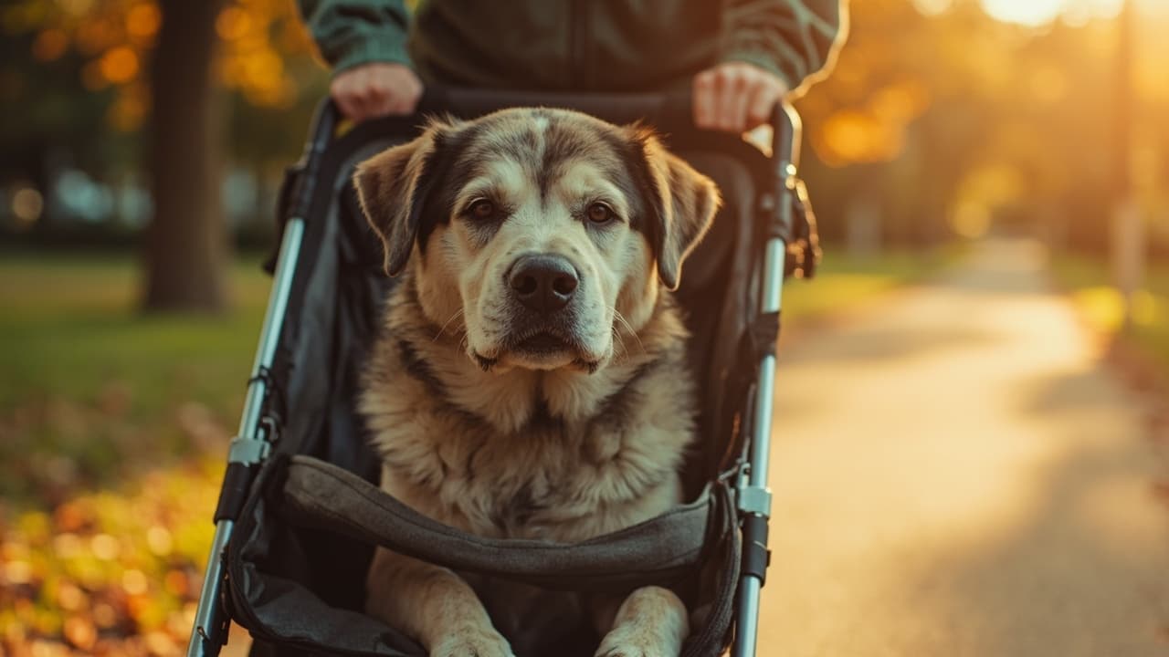 Perro mayor paseando en un carrito empujado por su dueño en el parque