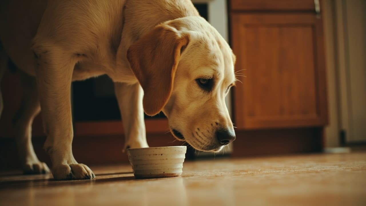Perro mayor comiendo de un cuenco apoyado en el suelo de la cocina