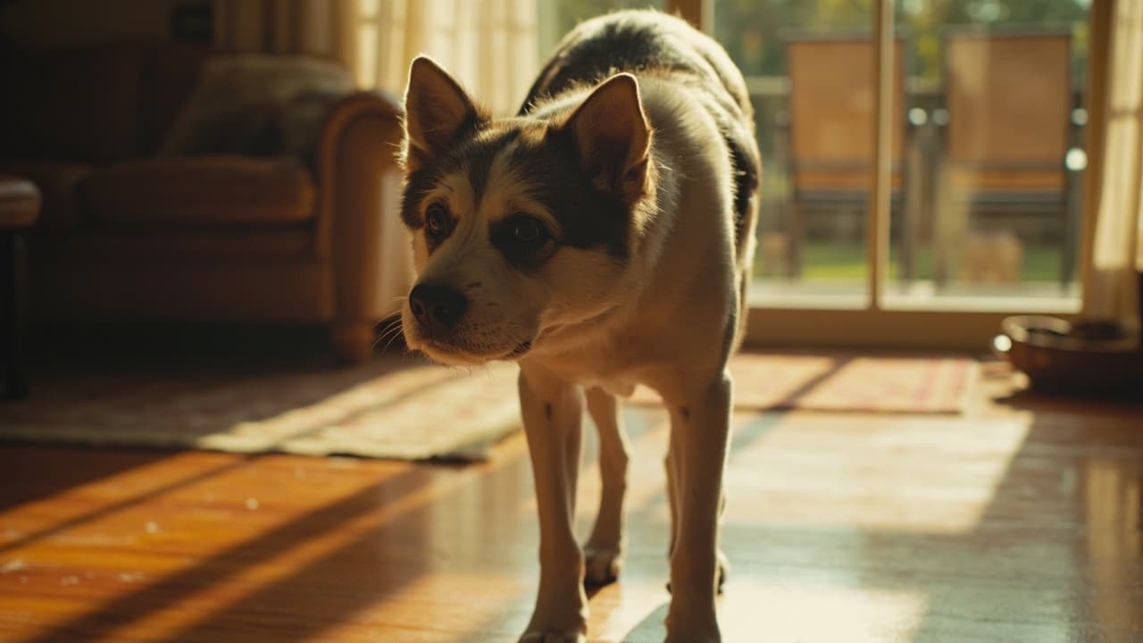 Perro mayor en un salón con suelo de madera y alfombras