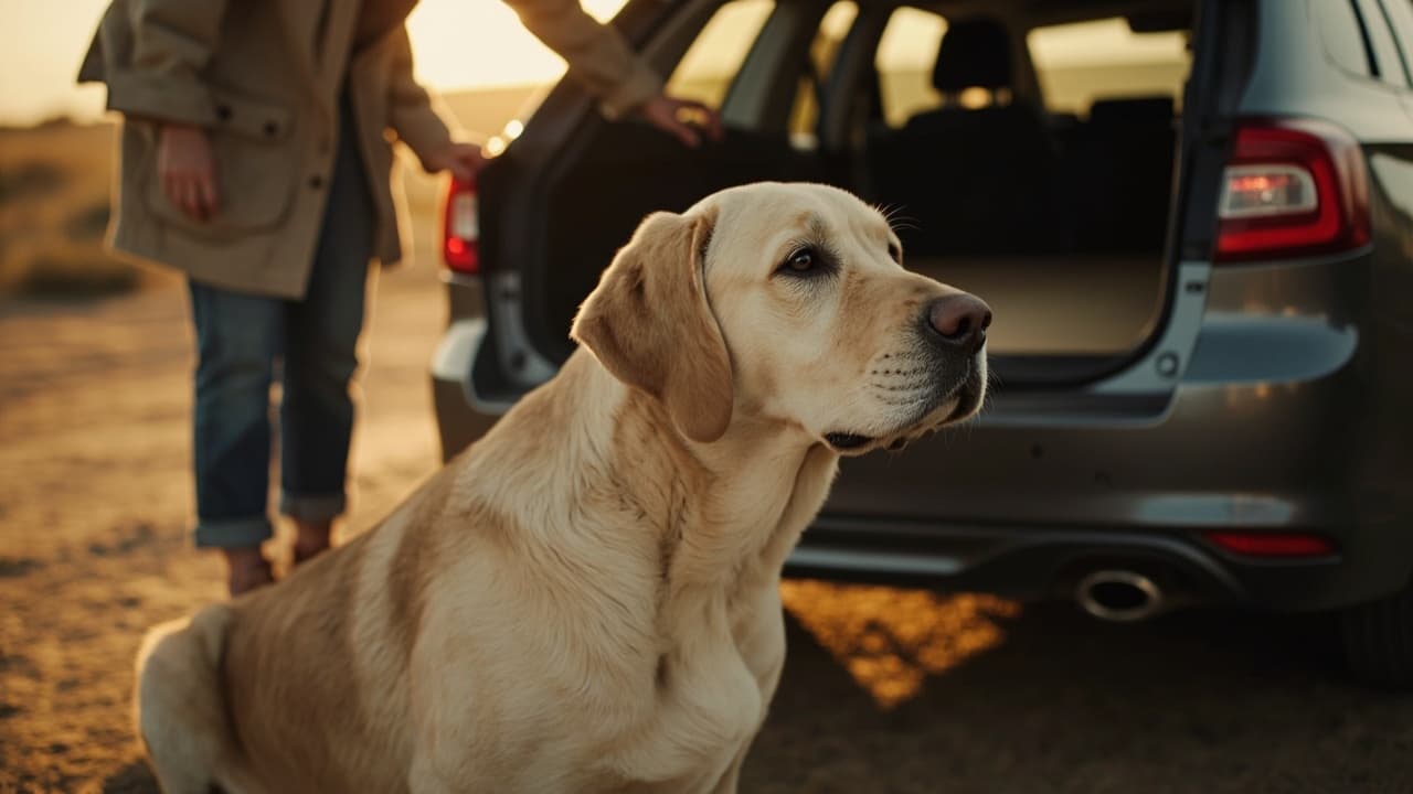 Labrador mayor sentado junto al maletero abierto de un coche
