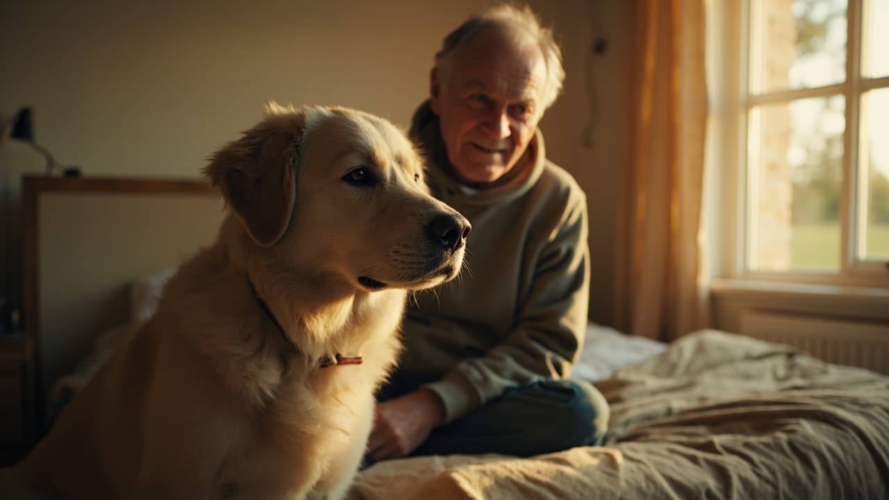 Perro grande y mayor junto a una cama