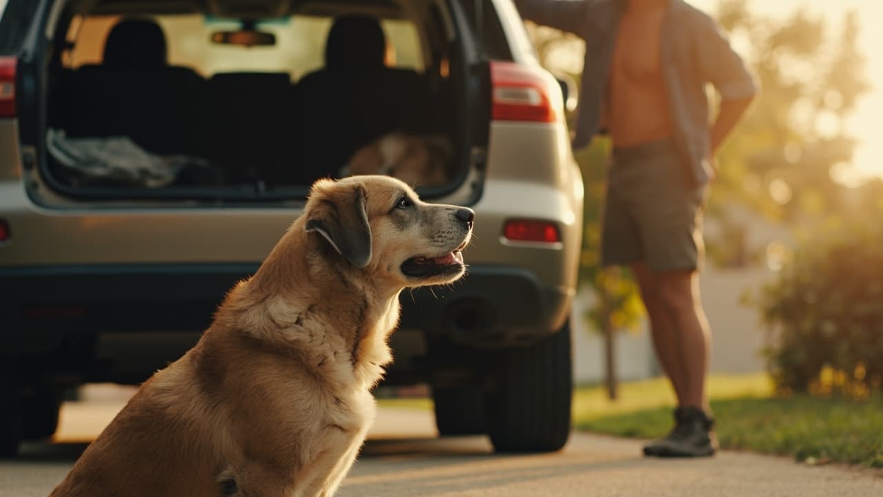 Perro mayor mirando el maletero alto de un todoterreno