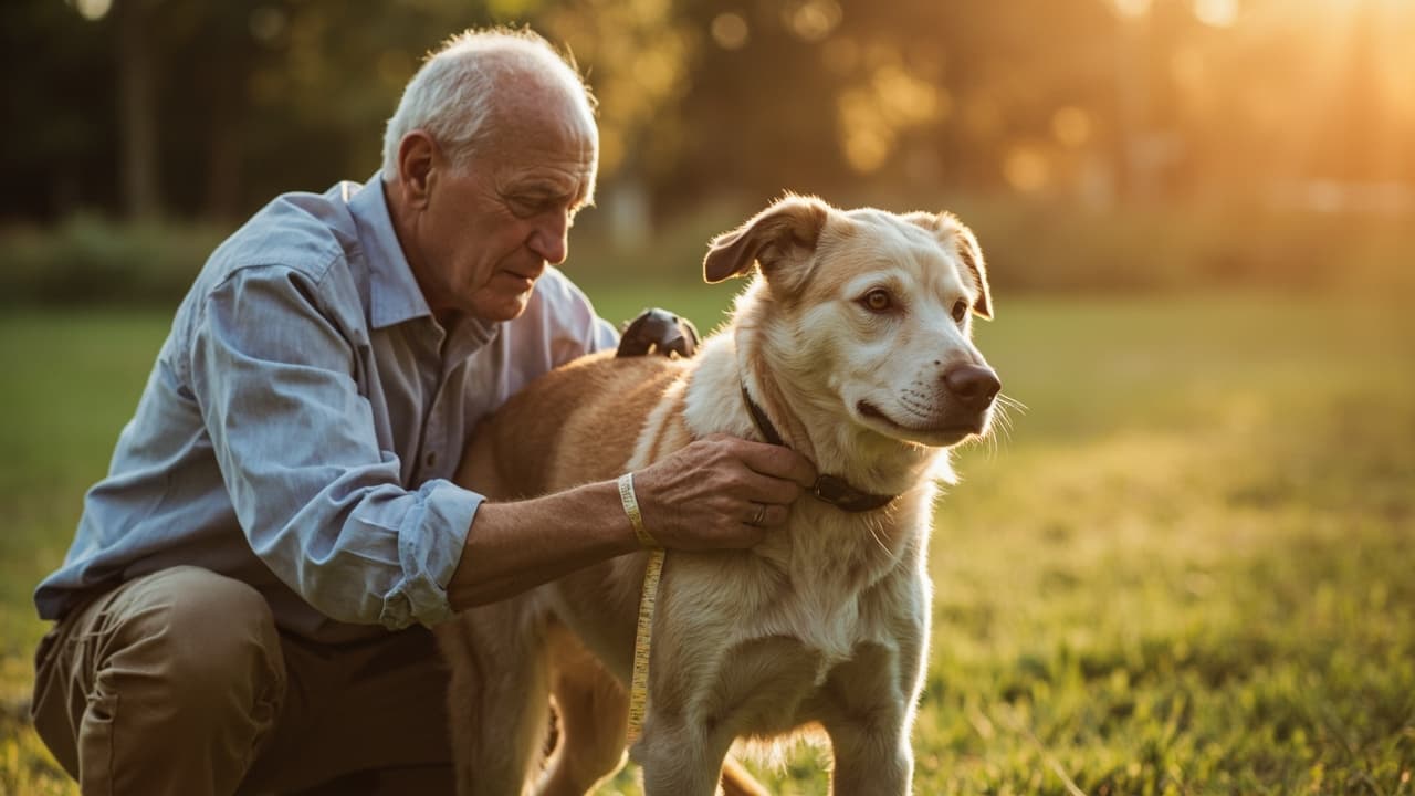 Persona midiendo el lomo de su perro mayor con una cinta métrica
