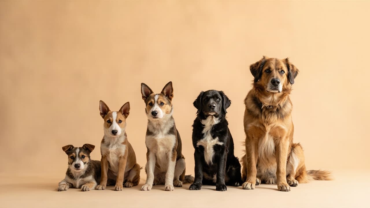 Varios perros mayores de distintos tamaños sentados en fila